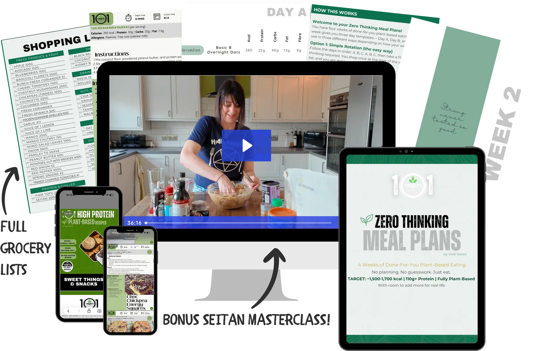 Everything included: shopping lists, Day A plan, recipe pages, the seitan masterclass video and the meal plan book